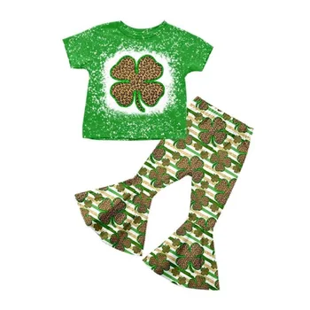 Лидер продаж, Наряд на День Святого Патрика для девочек, Комплект одежды из 2 предметов, зеленые топы с круглым вырезом и коротким рукавом и принтом