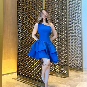 Синие вечерние платья из Саудовской Аравии, мини на одно плечо, Многоуровневое платье для выпускного вечера из спандекса, Атласное платье трапециевидной формы, Короткие вечерние платья