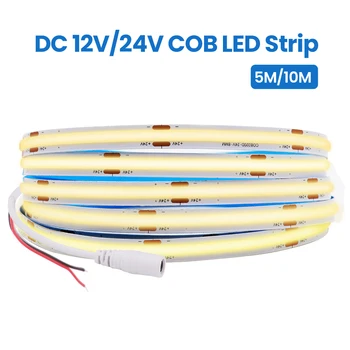 12v 24v 5m 10m LED COB Strip Light 1m 0.5m Белый Со штекером постоянного тока/2pin Проводом Ra 90 320LED Гибкая Лента Высокой Плотности Линейного Освещения