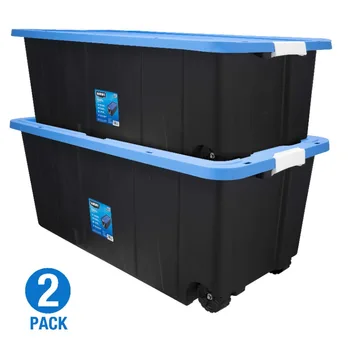 Пластиковый контейнер для хранения на колесиках объемом 50 галлонов с выдвижной ручкой, черный с синей крышкой, набор из 2