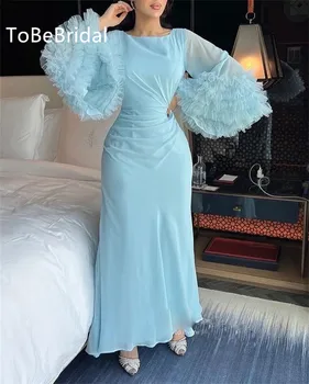 Небесно-Голубое Вечернее платье с Круглым вырезом, Шифоновое Плиссированное Платье с Длинным рукавом, Дубай, Арабское Приталенное платье для Выпускного Вечера, Элегантные вечерние платья для женщин 2023