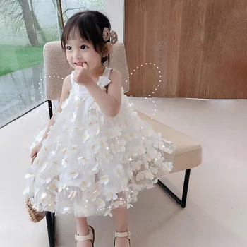 Летние платья для малышей Милое платье Принцессы с цветочным узором Женское Детское платье с аппликацией в виде бабочки Детский Сетчатый бант Детский белый костюм