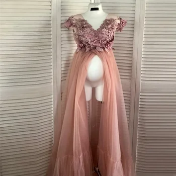 Очаровательное платье для беременных с персиково-розовыми цветами, Сексуальное Платье с разрезом спереди и цветочным рисунком для беременных Женщин для фотосъемки, V-образный вырез, жемчуг