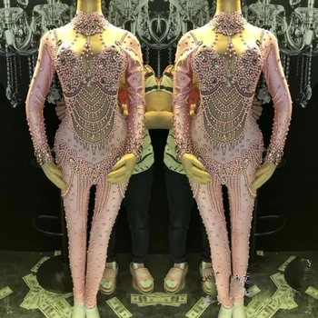 Блестящие кристаллы, Жемчуг, розовый Комбинезон, Женские сексуальные Розовые Леггинсы, боди, одежда для выступлений в баре, костюм для сценических танцев