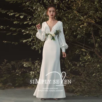 Простое Корейское Пляжное Свадебное платье 2023 с V-образным вырезом и длинными пышными рукавами с открытой спиной, Вечерние платья Невесты Vestidos De Noiva