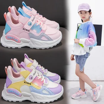 Детские весенние кроссовки, школьная повседневная обувь для девочек, уличные дышащие кроссовки, легкие мягкие кроссовки, розовая нескользящая детская обувь