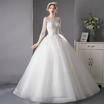 Платья невесты Кружевное Свадебное платье Длиной до пола, Элегантное свадебное платье с длинным рукавом L0553