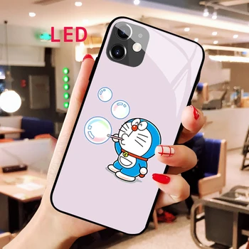 Doraemon Светящийся чехол для телефона из закаленного стекла для Apple iphone 12 11 Pro Max XS mini С акустическим управлением, защитная крышка со светодиодной подсветкой