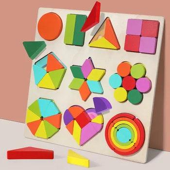 Детская деревянная доска-головоломка геометрической формы Монтессори для раннего обучения детей в детском саду, когнитивные подходящие игрушки
