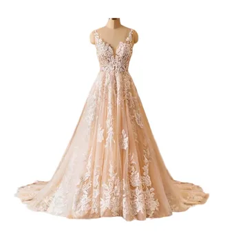 Свадебные платья в стиле Бохо с шампанским, Трапециевидный V-образный вырез, Тюлевые аппликации, Кружево, Свадебное платье в Испании, Свадебное платье Vestidos De Novia