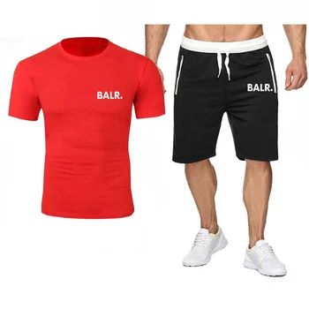 летняя новинка 2023, Мужская футболка с круглым вырезом и принтом BALR из чистого Хлопка + Спортивные шорты, Высококачественные Повседневные комплекты из двух предметов