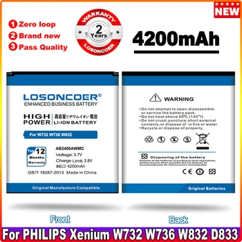 LOSONCOER 4200mAh AB2400AWMC Аккумулятор Для Philips W736 W832 W732 W737 D833 W9588 W6500 Аккумулятор