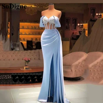 SoDigne, Вечерние платья в арабском стиле Небесно-голубой Русалки, бусы, открытые косточки, платье для выпускного вечера с открытыми плечами, разрез сбоку, вечерние платья для вечеринок