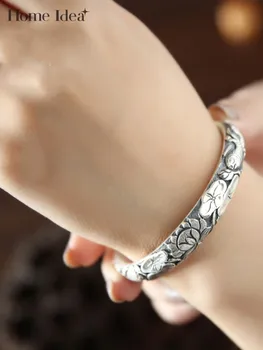 Высококачественный женский браслет-манжета из серебра 999 пробы в этническом стиле Ручной работы с цветочным тиснением из стерлингового Серебра