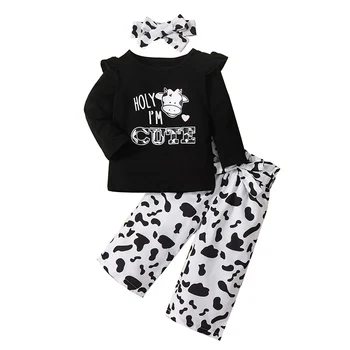 Осенняя одежда для маленьких девочек из 3 предметов, пуловер с длинными рукавами и оборками в виде букв, Широкие брюки с принтом коровы и повязкой на голову, комплект одежды