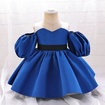 С открытыми плечами, Королевское синее детское свадебное платье для выпускного вечера, Детское Вечернее Атласное платье для подружек невесты на День рождения от 1 года