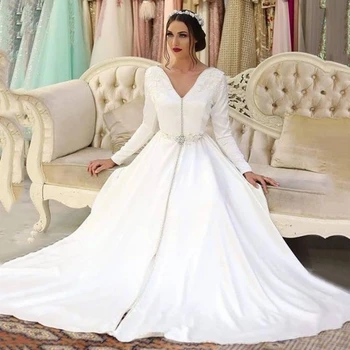 Белый атласный Кафтан, Марокканское платье для матери Невесты, Вечернее платье с длинными рукавами и V-образным вырезом, Вечернее платье в Дубае, Саудовской Аравии