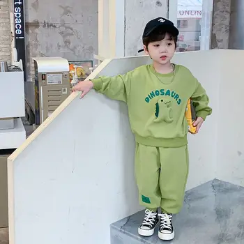 Корейская детская одежда для малышей, комплект одежды с фруктово-зеленым динозавром для мальчиков, весна-осень, повседневный детский свитер для мальчиков + брюки, комплект из 2 предметов от 2 до 8 лет