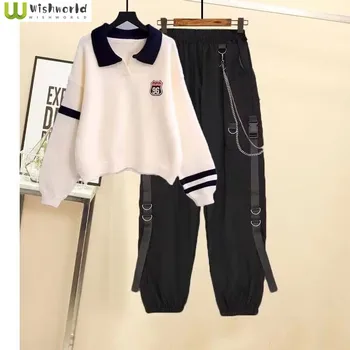 Весенне-осенний модный женский комплект, Новая корейская академическая рубашка поло, топ, Повседневные спортивные широкие брюки, Комплект из двух предметов