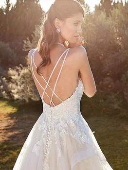 Свадебное платье Трапециевидной формы с кружевной аппликацией и V-образным вырезом, расшитое бисером, vestido de noiva