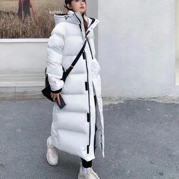 Стеганая куртка Женская зимняя с капюшоном на молнии X-Long Женская повседневная парка черное хлопковое пальто однотонная теплая женская верхняя одежда