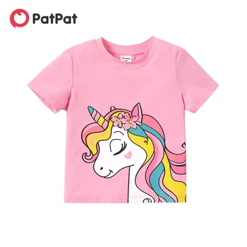 Хлопковая футболка PatPat для маленьких девочек с принтом единорога с коротким рукавом