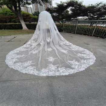 Реальные фотографии Свадебная фата с длинными кружевными аппликациями из белой слоновой кости, 1-слойная свадебная фата 3,5 метра, свадебная фата невесты