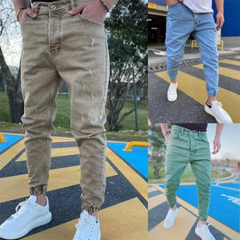 Осенние приталенные мужские джинсы, однотонные повседневные джинсы с эластичной резинкой на талии, широкие брюки для ног, уличная одежда для бега трусцой, джинсовые брюки для мужчин