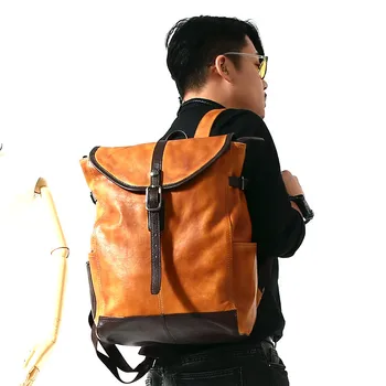 Мода натуральная натуральная кожа мужчины путешествия на открытом воздухе большой емкости контрастный цветной рюкзак молодежный студенческий мягкий кожаный школьный рюкзак