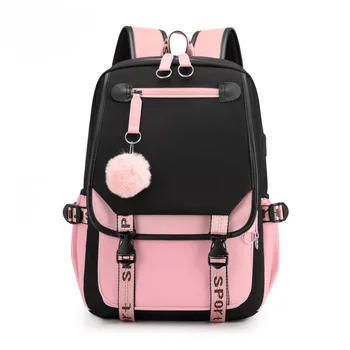 2023 Новые Большие школьные сумки для девочек-подростков с USB-портом, Холщовый школьный рюкзак, Студенческая сумка для книг, Модный Черно-розовый школьный рюкзак для подростков