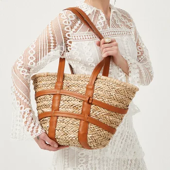 2023 Новая повседневная сетчатая соломенная женская сумка с карманом на дне, пляжная сумка большой емкости