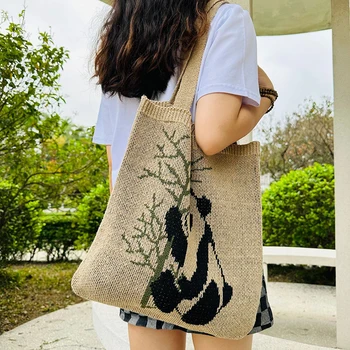 Ellovado Новая Вязаная сумка с рисунком Панды, Модная сумка ручной работы, женская сумка для отдыха, Студенческие Многоразовые сумки для покупок