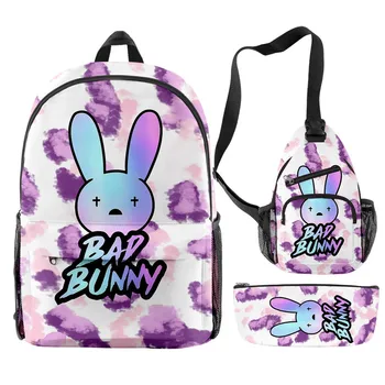 Школьный рюкзак Bad Bunny Для учащихся начальной средней школы, мальчиков и девочек, дорожный рюкзак, 3 шт./компл., женский Мужской повседневный рюкзак для ноутбука