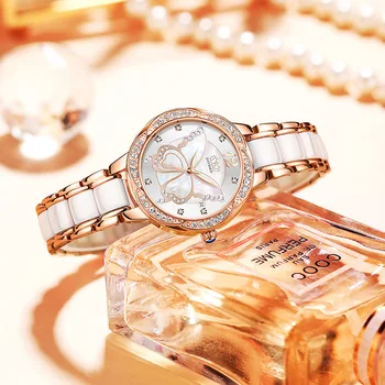 Новые женские кварцевые часы с маленьким календарем-бабочкой, светящийся ремешок из керамической стали, компактные и тонкие часы