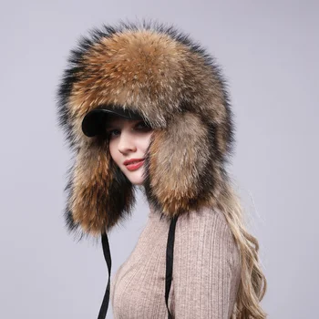 Женская зимняя шапка из меха енота, теплая меховая шапка для защиты ушей, новая мода