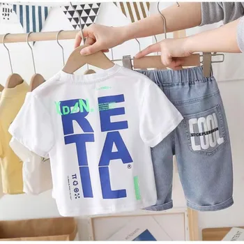 Новая летняя одежда для малышей, футболка с короткими рукавами и буквами из мультфильмов для мальчиков, Штаны, модный комплект одежды для младенцев, спортивный костюм