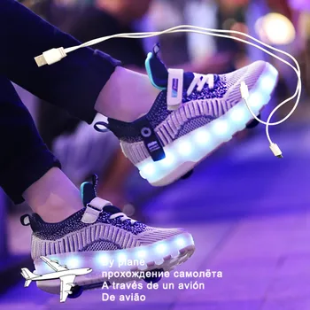 Детские светящиеся кроссовки для мальчиков с двойным /двумя колесами, обувь для роликовых коньков, обувь для взрослых Детей с USB-зарядкой, черные туфли для девочек