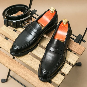 Новые Черные лоферы, мужская обувь из искусственной кожи, деловая коричневая дышащая однотонная обувь без застежки ручной работы, бесплатная доставка
