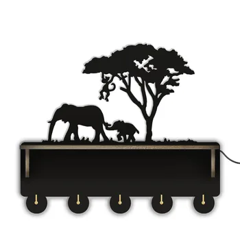 Семейство слонов, Деревянная настенная вешалка для одежды с полкой для спальни, африканские животные, Домашний декор, Держатель для ключей для прихожей