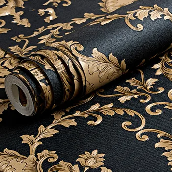 Современные обои Домашний декор Спальня Высококачественное черное золото Роскошная рельефная текстура Металлик 3D Дамасские обои Декор Обои