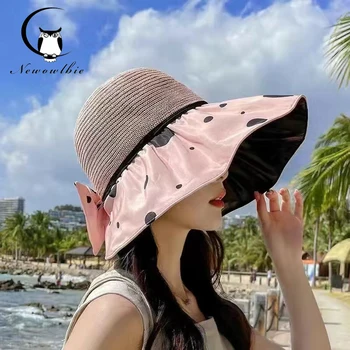 Весенне-летняя Новая женская Солнцезащитная шляпа с бантом, Уличная Пляжная защита от ультрафиолета, Широкий козырек для женской соломенной шляпы