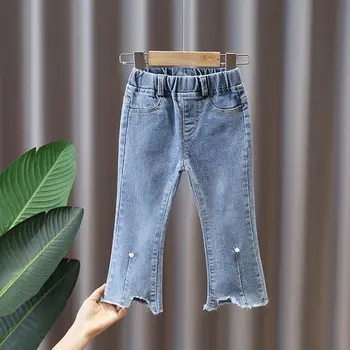 Джинсовые брюки для девочек 2023, весенне-осенние новые детские джинсовые расклешенные брюки, повседневные длинные брюки для малышей, детская одежда