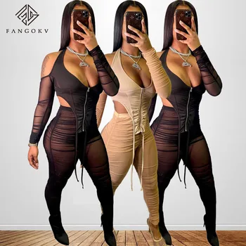 Осенний комплект одежды 2021 года, прозрачная женская одежда для вечеринок, комплект из 2 брюк из двух частей, клубная одежда для женщин, сексуальная