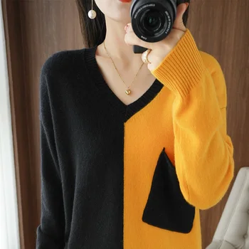 Модный шерстяной свитер с цветными вставками, Женский осенне-зимний свитер с V-образным вырезом, вязаный пуловер Свободного кроя, стильные внутренние топы