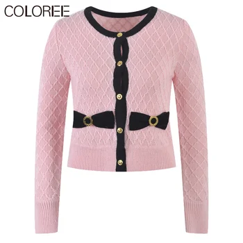 Корейская модная Женская одежда 2023, Элегантный вязаный свитер с круглым вырезом и золотыми пуговицами, Женский Повседневный розово-белый кардиган