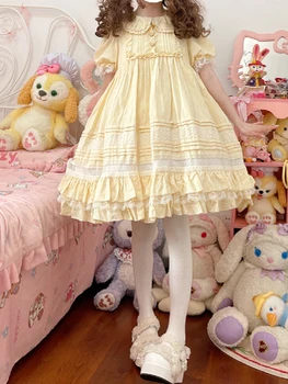 Японское Стильное Кавайное Желтое Платье в стиле Лолиты, Летнее Женское Платье Принцессы с Воротником 