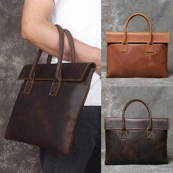 Мужской портфель в стиле ретро, повседневная сумка-портфель из воловьей кожи, деловая сумка-планшет из воловьей кожи, тонкий клатч для 16-дюймового ноутбука