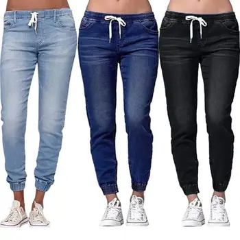 40% МОДНЫЕ джинсы-скинни, женские брюки для бега трусцой, большие размеры, эластичный шнурок, эластичный пояс, тонкие джинсы-стрейч, женские брюки-карандаш