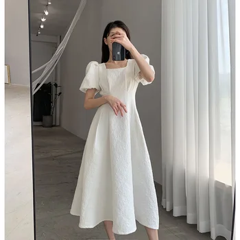 Французская первая любовь, Белое длинное платье-качели 2022, летнее элегантное жаккардовое платье с квадратным вырезом, затянутое для похудения