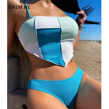GNIM, сексуальный женский купальник в рубчик в стиле пэчворк, Комплект из 2 предметов, Бандо-Бикини Mujer 2022, Летний купальник для плавания, купальники с высоким вырезом
